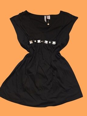 Samantha Stuart Black V Neck babydoll top with silver rhinestone detail Y2K